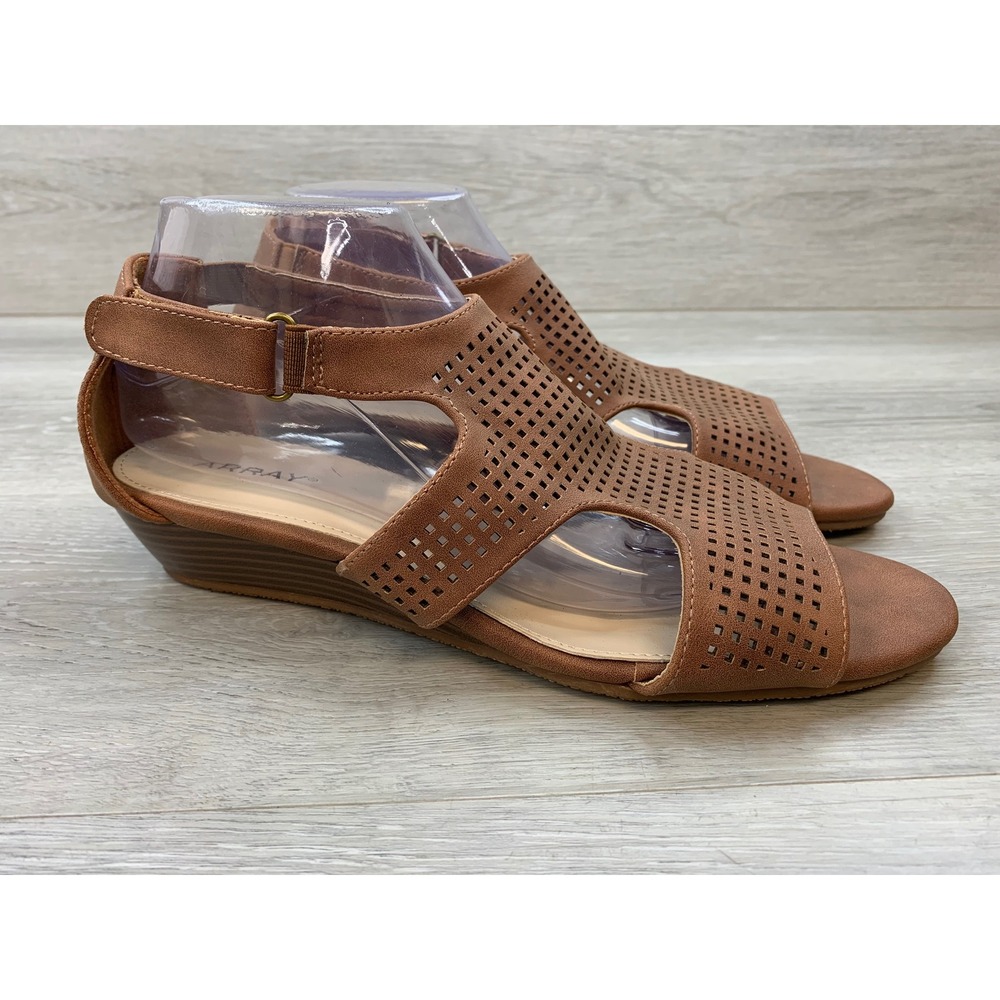 Array Women's Brown Perforated Wedge Sandals Hook Loop Strap 10 Comfort Shoes